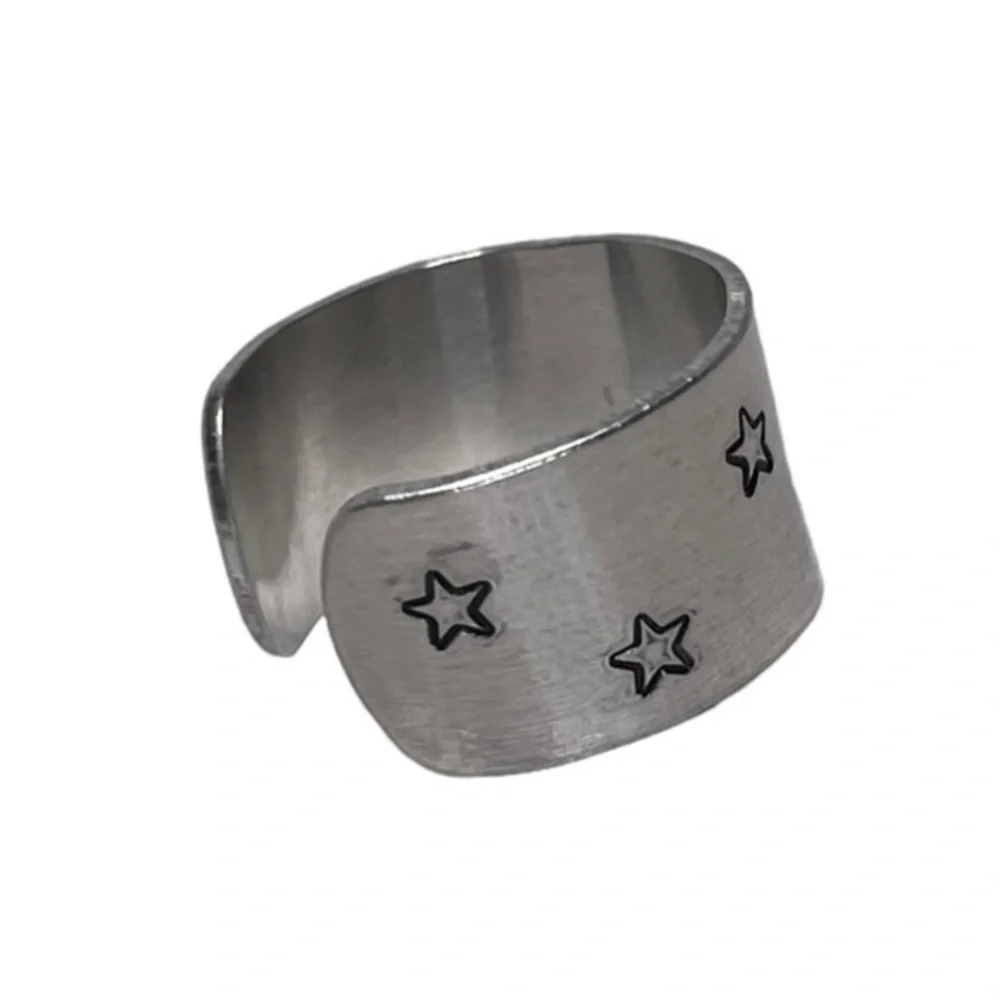 Handmade 9 stamped moon & stars silver adjustable hypoallergenic wide cuff‎ ring